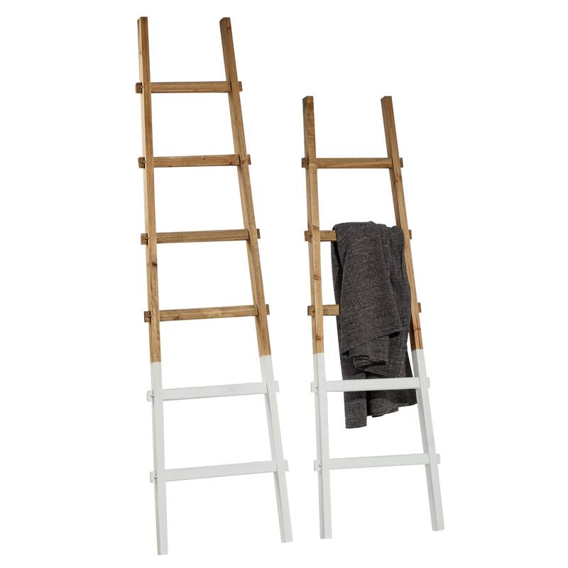 Brown Wood 5 and 6 Rack Partition Ladder with White Bases (Set of 2) - S/2 62", 73"H