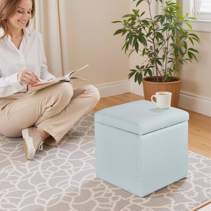 Cotton Fabric Square Fliip Top Storage Small Ottoman Footstool for Living Room & Bedroom