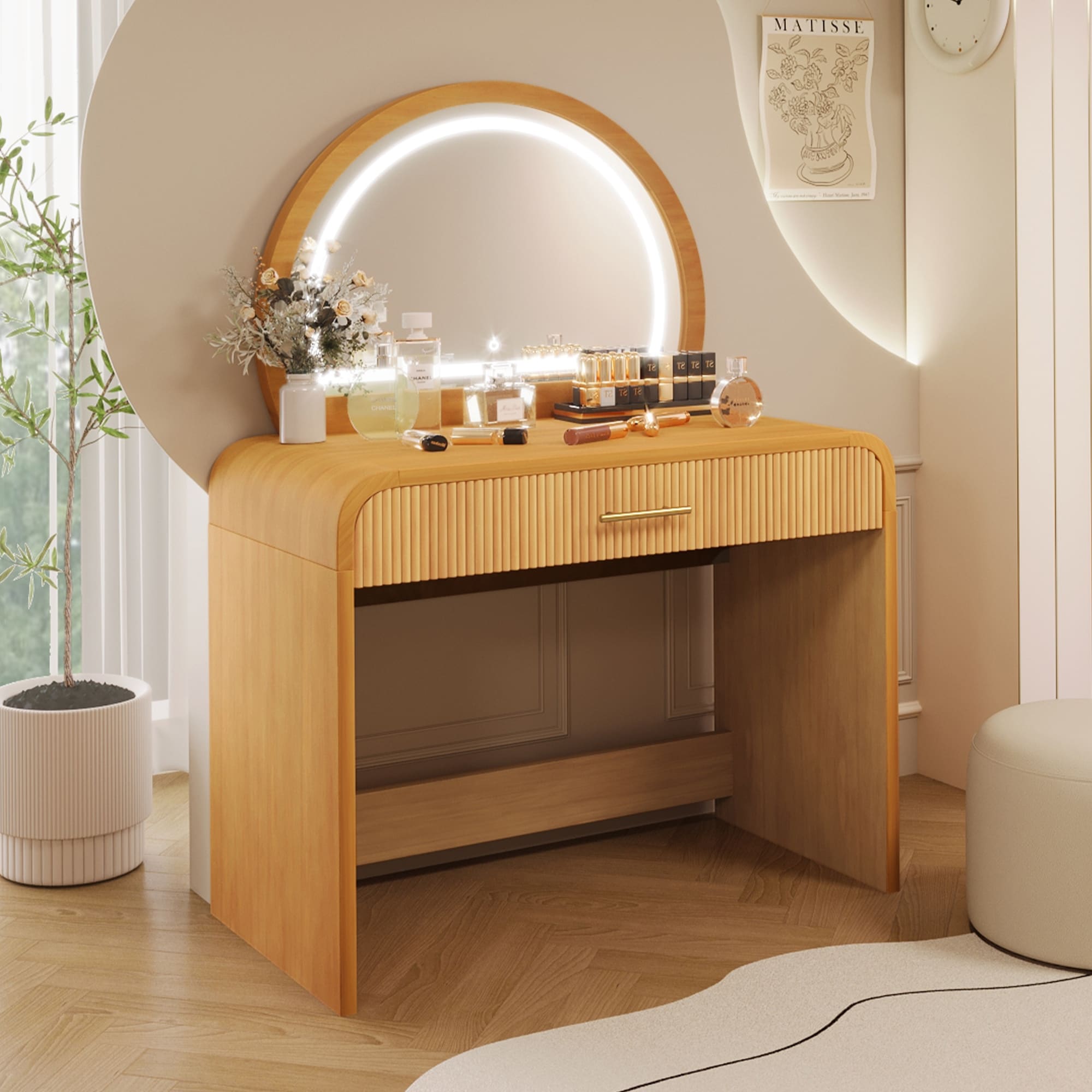 39" Makeup Vanity Desk Bedroom Dressing Table with Curved Touch LED Light Makeup Mirror