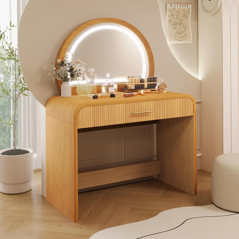 39" Makeup Vanity Table with LED Touch Screen Lighted Mirror, Curved Dressing Table Office Desk with Drawer