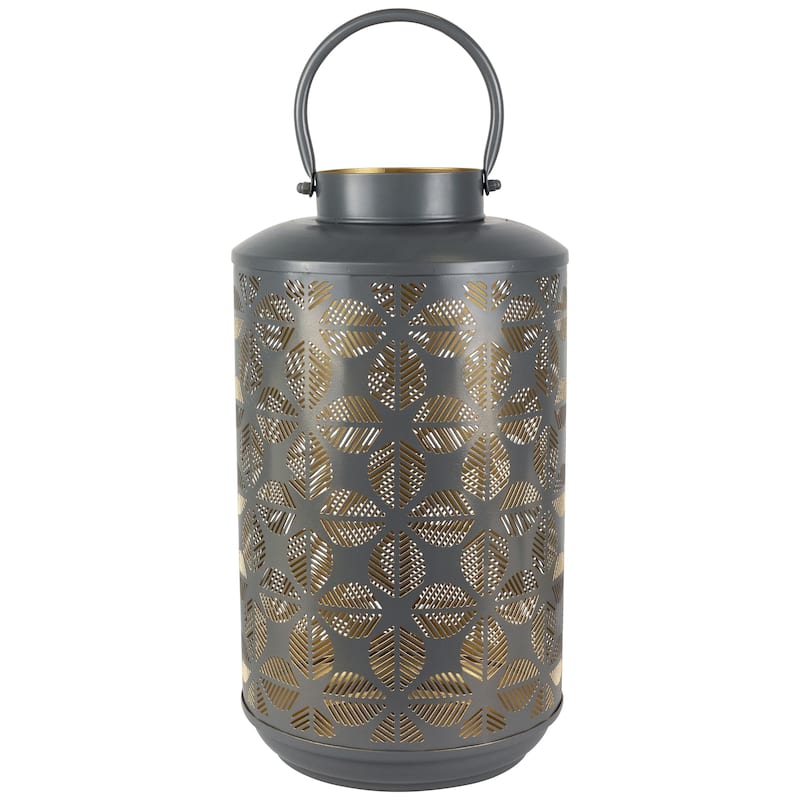 Laser-Cut Large Iron Candle Lantern with Handle - 15.25" - Gray and Gold