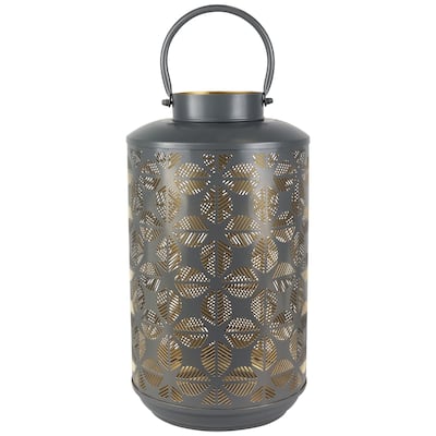 Laser-Cut Large Iron Candle Lantern with Handle - 15.25" - Gray and Gold
