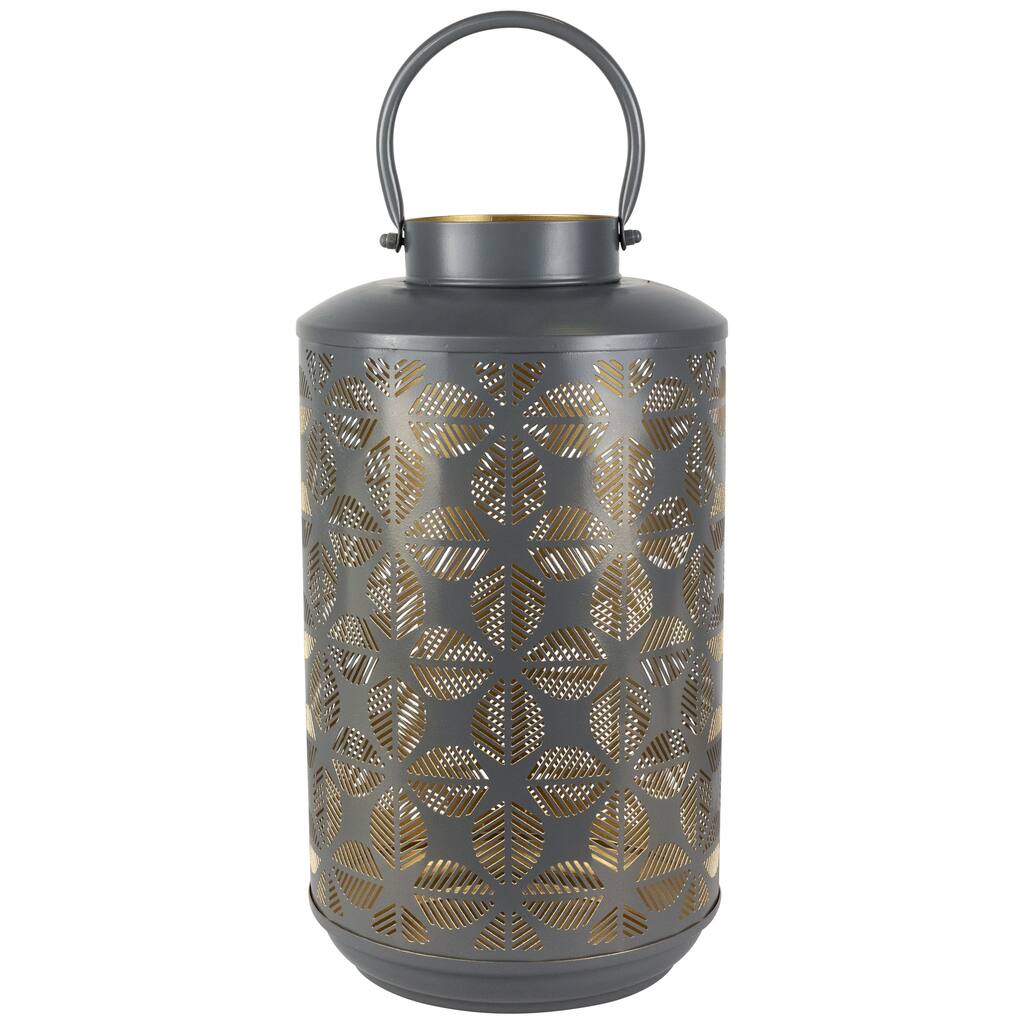 Laser-Cut Large Iron Candle Lantern with Handle - 15.25" - Gray and Gold
