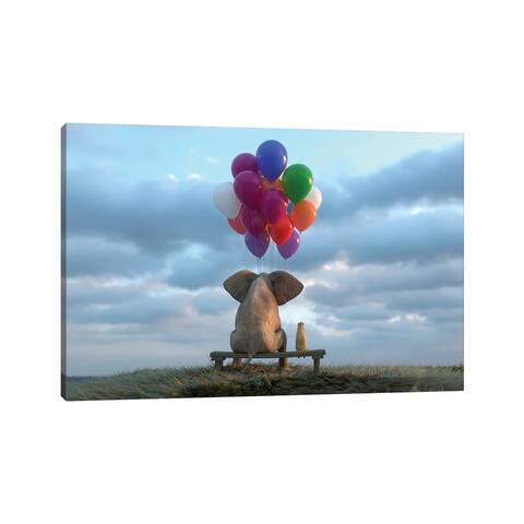 iCanvas "Elephant And Dog Sit In The Meadow With Helium Balloons" by Mike Kiev Canvas Print