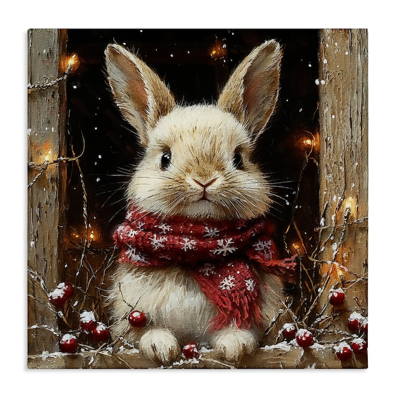 Stupell Bunny with Snowy Holly Berries Canvas Wall Art Design By Riley B - 30 x 30