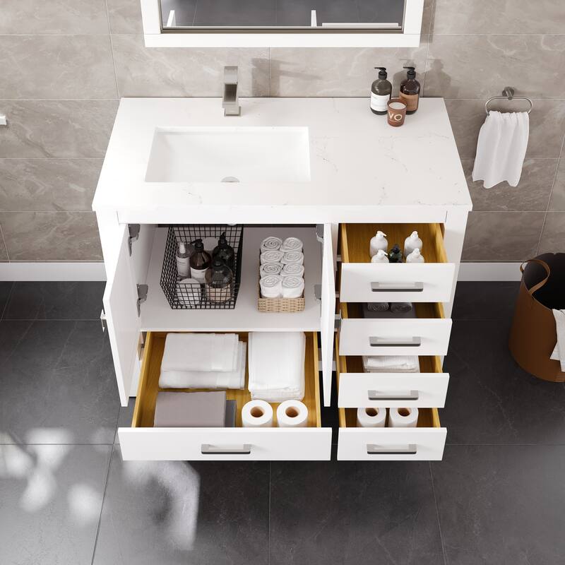 London 42 in. White SS Bath Vanity with Carrara Quartz Top & Undermount Sink