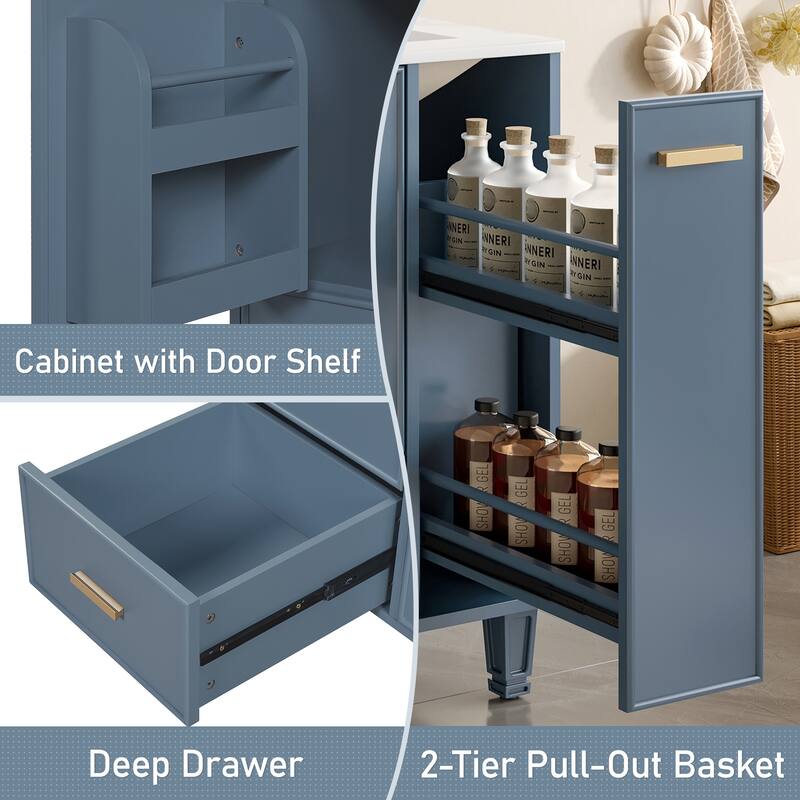 24'' Bathroom Vanity with Ceramic Sink, Solid Wood Frame, Deep Drawer, Pull-Out Basket, Soft-Close Door & Storage Shelf