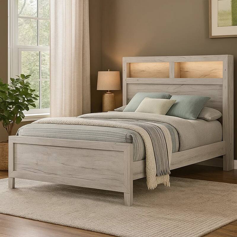 Miot Queen Size Bed w Headboard Shelves, Weathered White Wash Tone