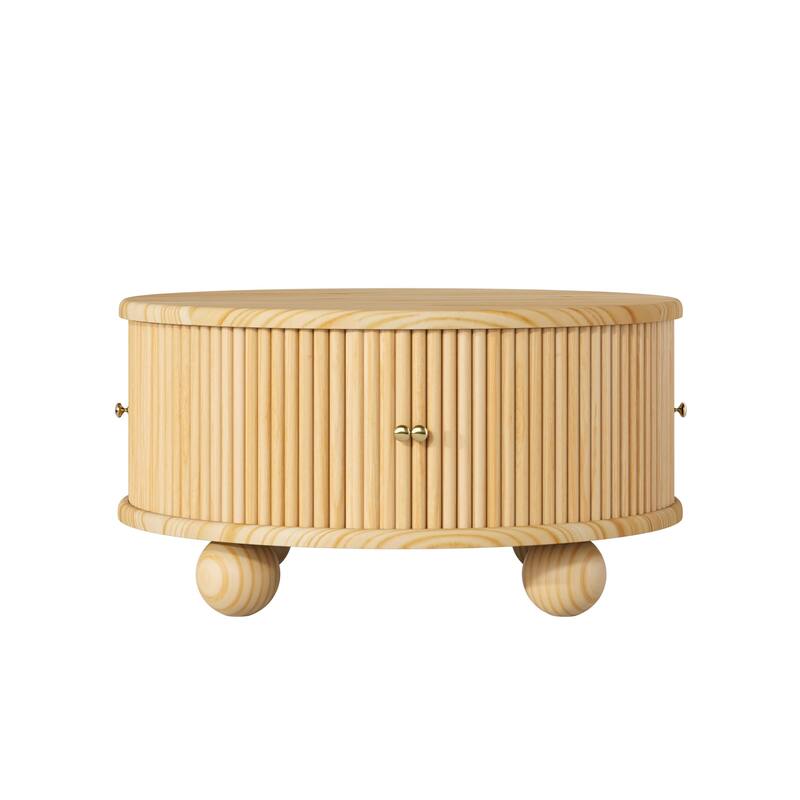 Round Coffee Table with Storage, 31.8" Modern Coffee Table with Sliding Door & Solid Wood Legs, Minimalist Center Table