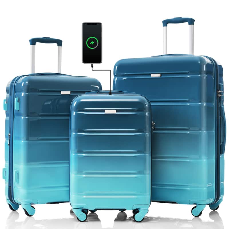 3-Piece, 20-Inch Modern Hard Shell Luggage with USB Port and Spinner Wheels, for Boarding Travel, Blue - Blue