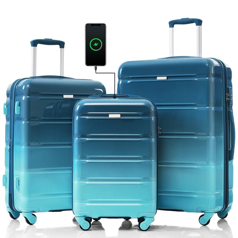 3 Piece Expandable Luggage Set, PC+ABS Durable Hard Shell Carry-on Suitcase with USB Port and Spinner Wheels, for Travel - Blue