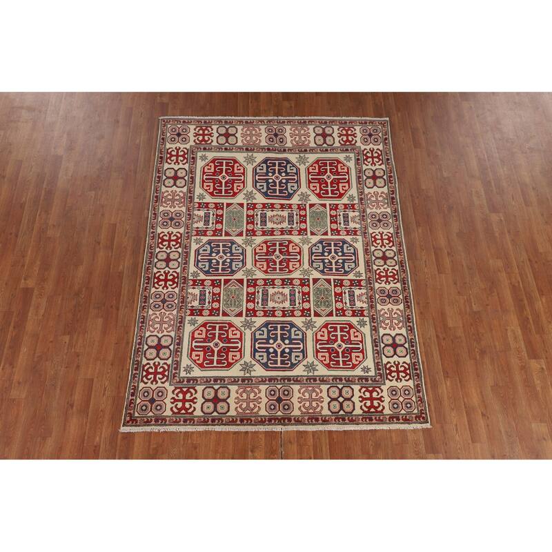 Geometric Beige Kazak Oriental Rug Handmade Wool Carpet - 5'4" x 7'2"