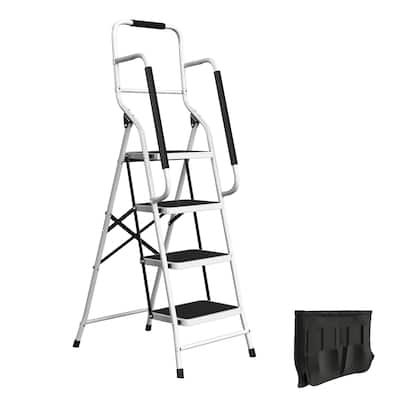 4-Step Stool - Folding Ladder with Handrails, Attachable Tool Bag, Steel Frame - 330lbs Weight Capacity by Stalwart