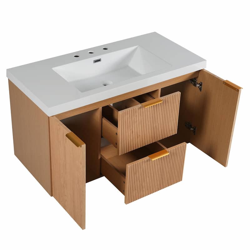42" Wall-Mounted Single Sink Bathroom Vanity with SMC Top, MDF Cabinet with Solid Wood Frame, U-Shaped Drawers