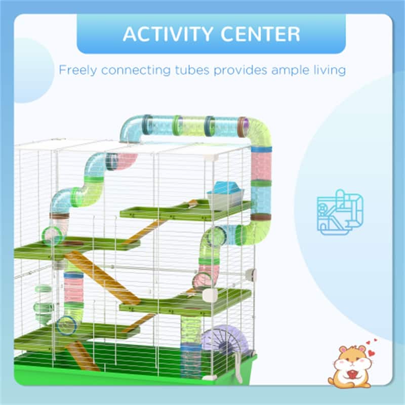 Green-White Steel Hamster Cage with 5 Tiers, Tubes and Accessories - 23.25" L x 14.25" W x 27.25" H