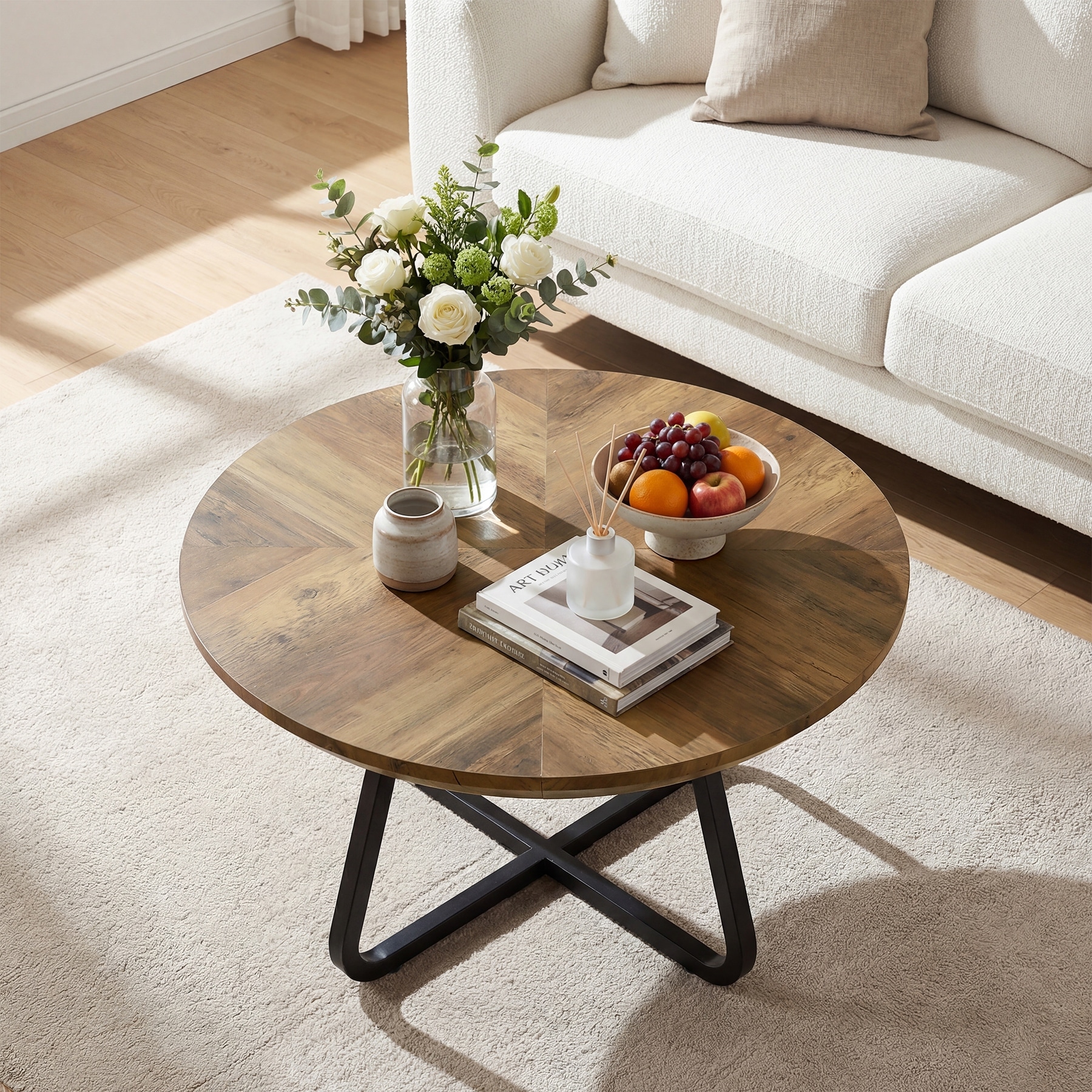 31.5 Inch Round Coffee Table, Rustic Industrial Center Tea Table for Small Space by 1Easylife
