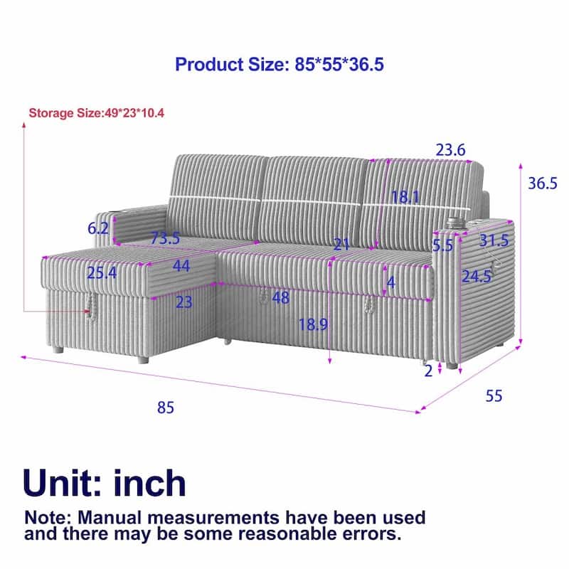 85 Inches Corduroy Sofa Bed, 3 Seater Sleeper Sofa, Pull Out Couch for Living Room