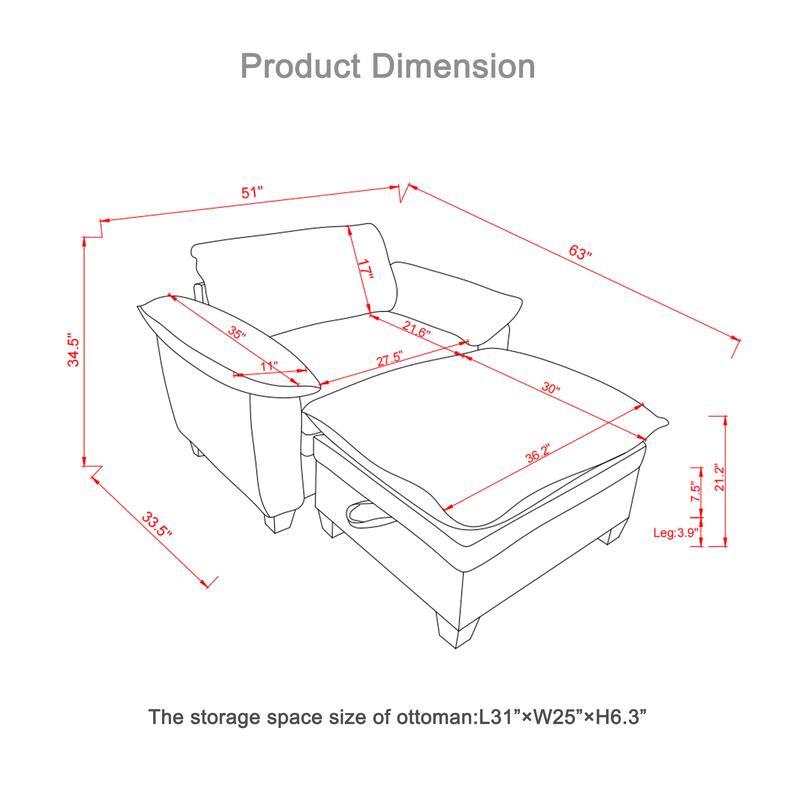 Anmytek Soft Chenille Upholstered 51 Inch Oversize Chaise Lounge Chair with Ottoman and Storage