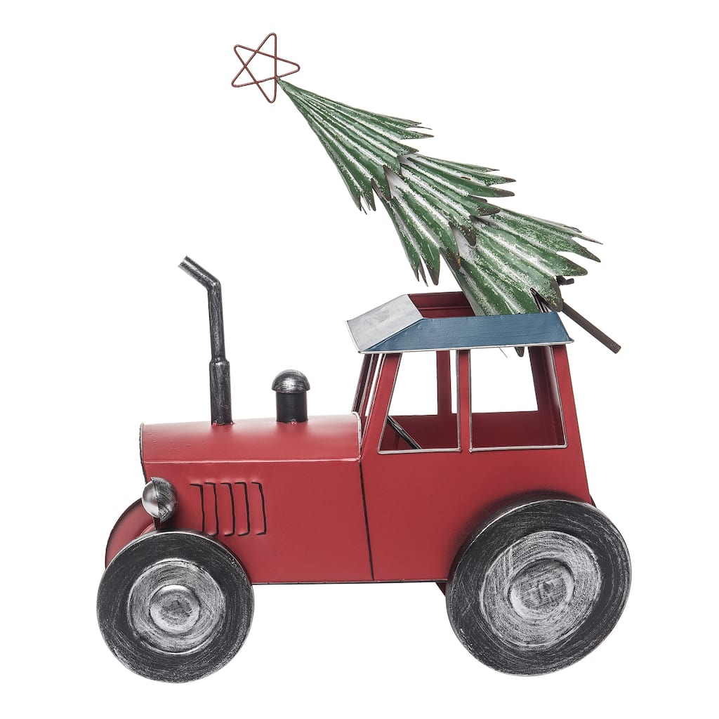 Transpac Metal 19 in. Multicolor Christmas Tractor with Tree Atop