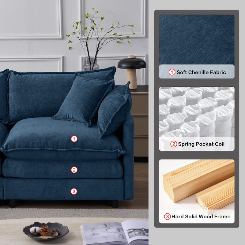 Chenille Upholstered L-shaped Sectional Sofa 3 Seater Modular Couch with Ottoman, Pillows and Double Layer Seat Cushions