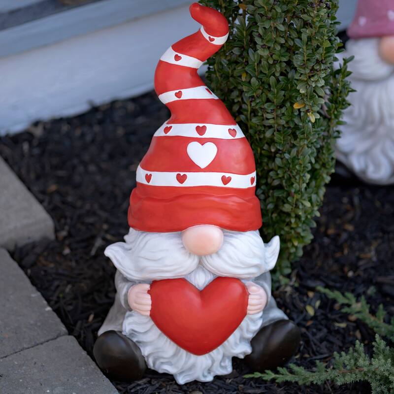 Magnesium Garden Gnome Sitting Holding Big Heart with Red Hat