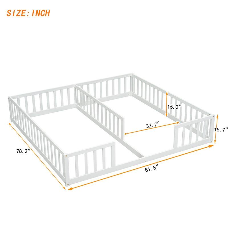 Double Twin Size Floor Bed with Fence and Guardrails