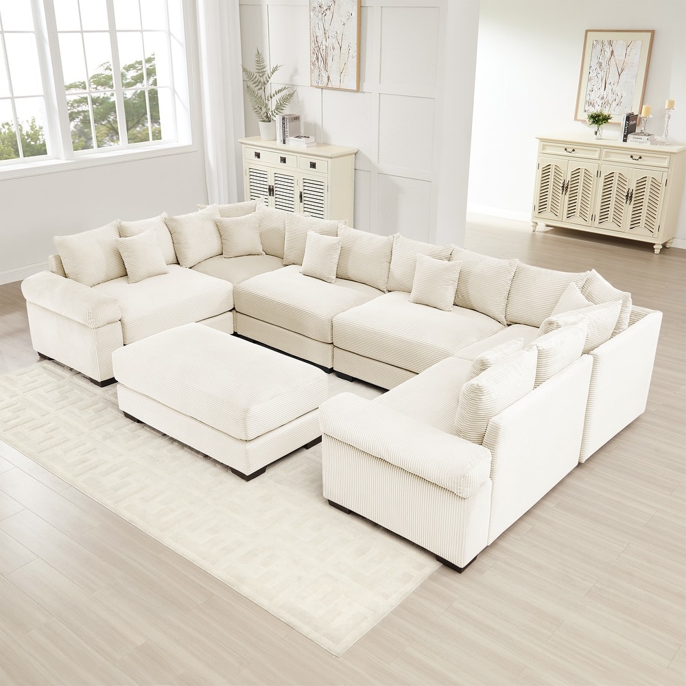 GDFStudio - Corduroy U-Shaped 6-Seater 137.7" Cloud Modular Sectional Couch with Ottoman