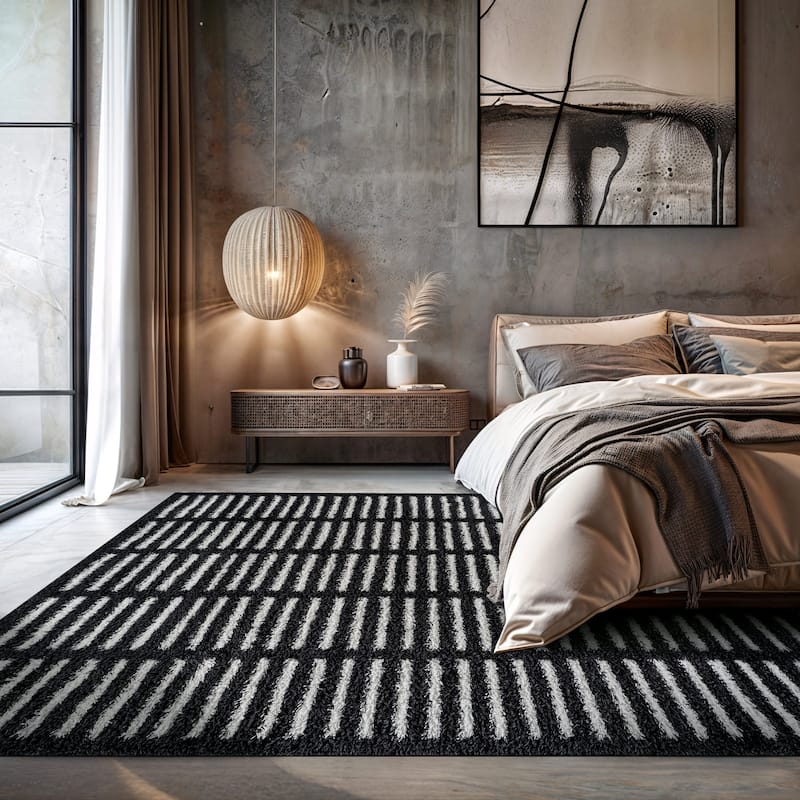 Bohemian Stripe Lines Shag Rug - Textured Surface - Anthracite Dark Gray - Easy to Clean