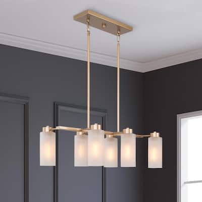 Mid-century Modern 6-Light Gold Linear Chandelier Glass Island Lights for Dining Room - L24.4" x W13" x H74''