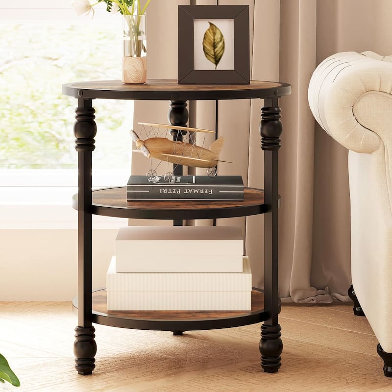 End Table 3-Tier Round Side Table Living Room Accent Table with Storage Shelf - Brown