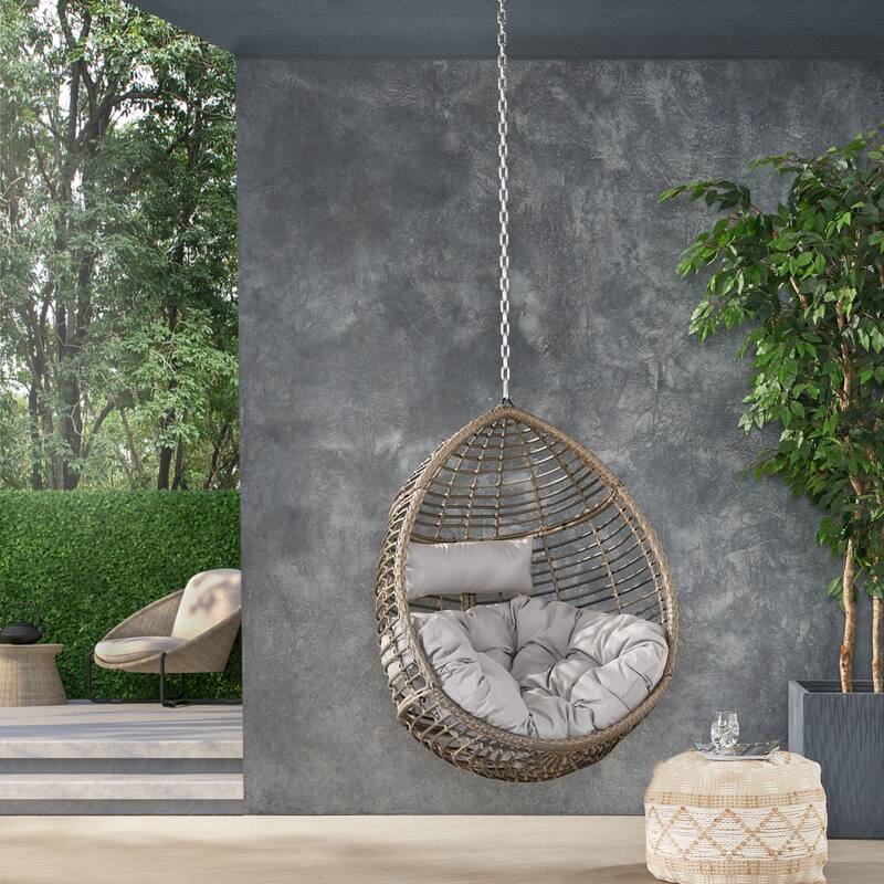 Modern Rattan Egg Chair with Water-Resistant Tufted Cushion, Teardrop Hanging Basket Chair, Wicker Swing Chair