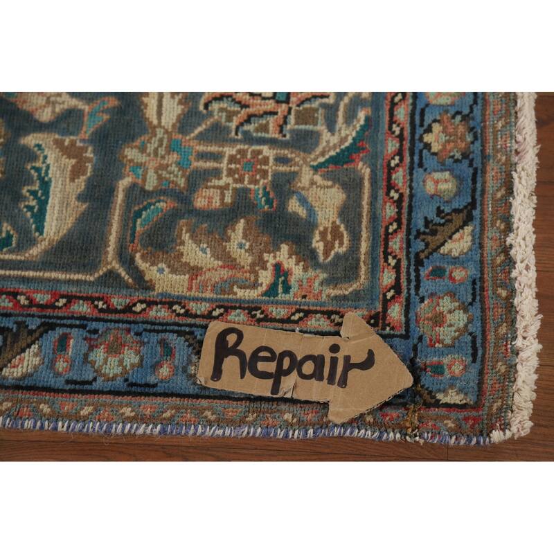 Distressed Blue Floral Tabriz Persian Area Rug Handmade Wool Carpet - 9'1"x 12'4"