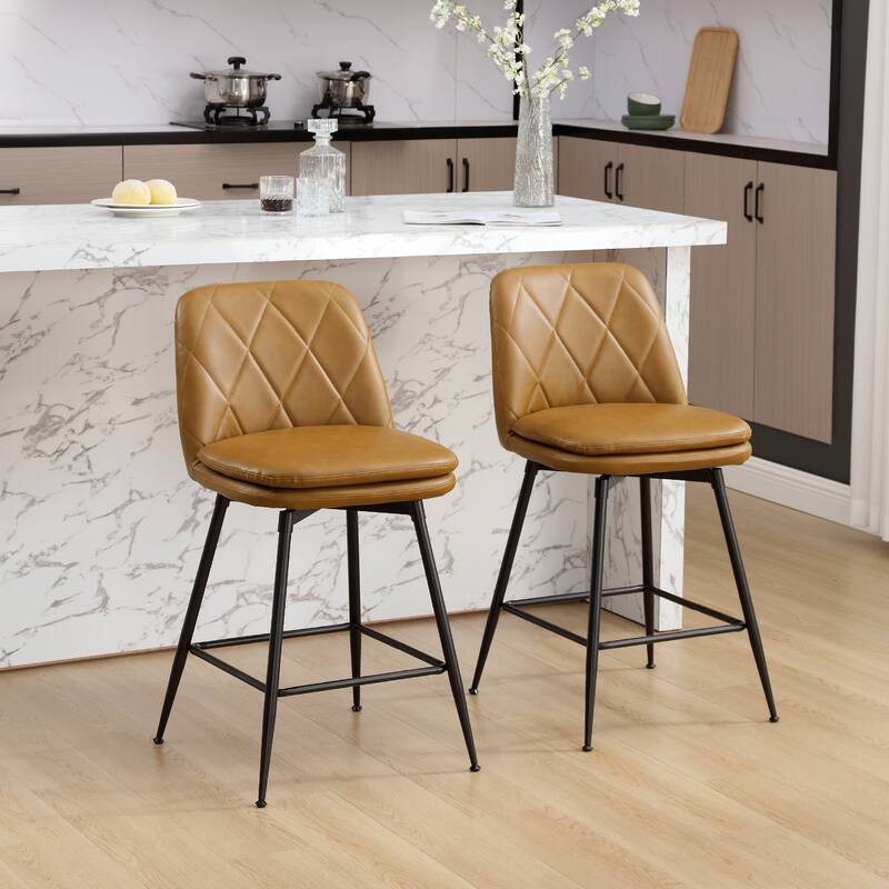Faux Leather Upholstered Metal Frame Bar or Counter Height Swivel Bar Stools (Set of 2)