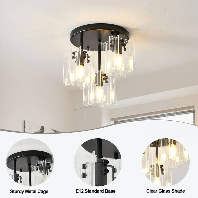 3 - Light Black Flush Mount Ceiling Light with Clear Square Shades - Matte Black