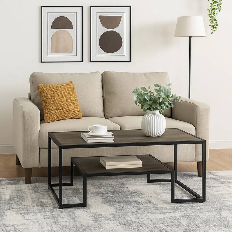 Coffee Table with 1 Open Shelf and Tubular Frame, Oak Brown