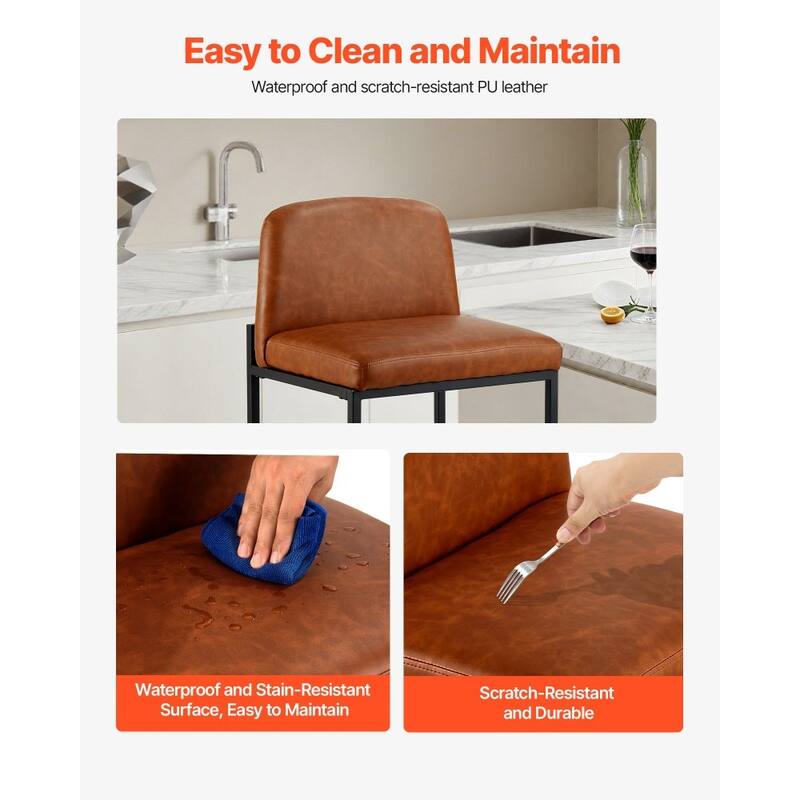 Set of 4 Brown PU Leather Counter Height Bar Stools with Low Backrest and Sturdy Metal Frame - 19.49” x 18.11” x 36.42”