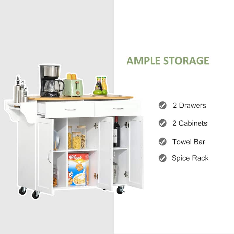 HOMCOM Rolling Kitchen Island Cart with Large Bamboo Countertop, 2 Cabinets with Adjustable Shelves and Wheels, White