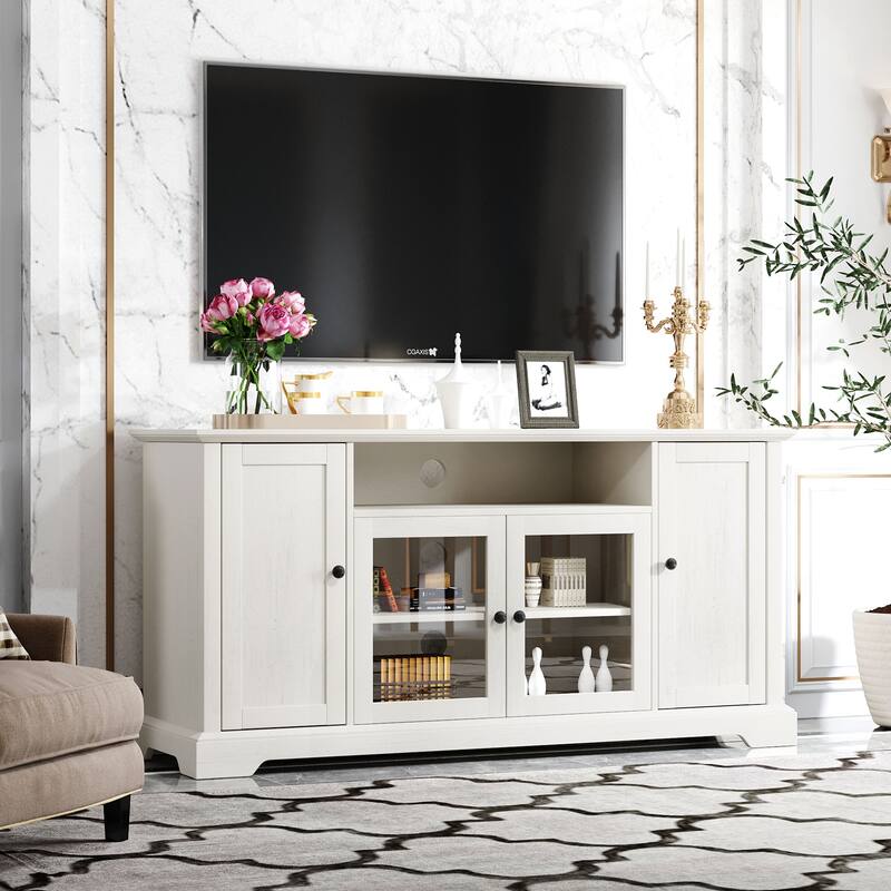 Highboy Console TV Stand with Tempered Glass Doors, Ideal for up to 65