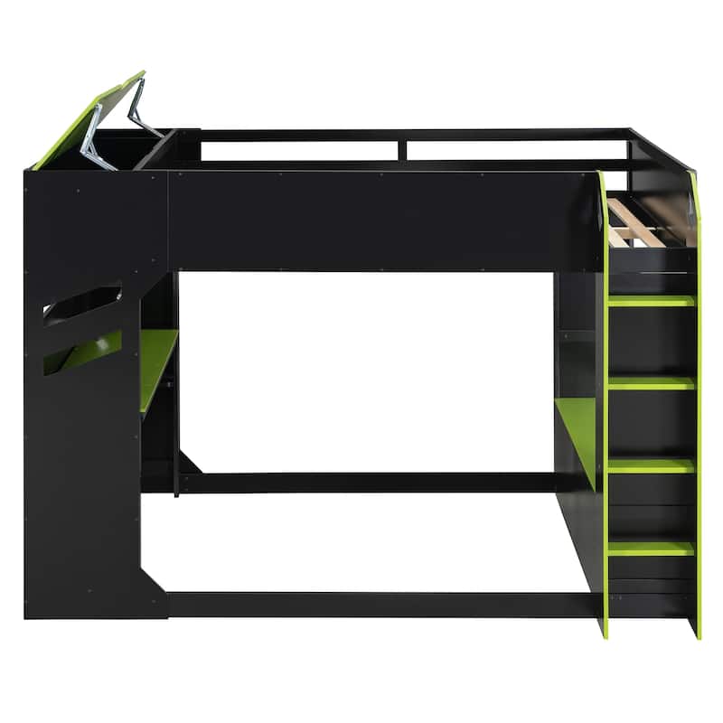 Full Size Loft Bed with Desk and RGB Lights, Wood Storage Bed with Drawers