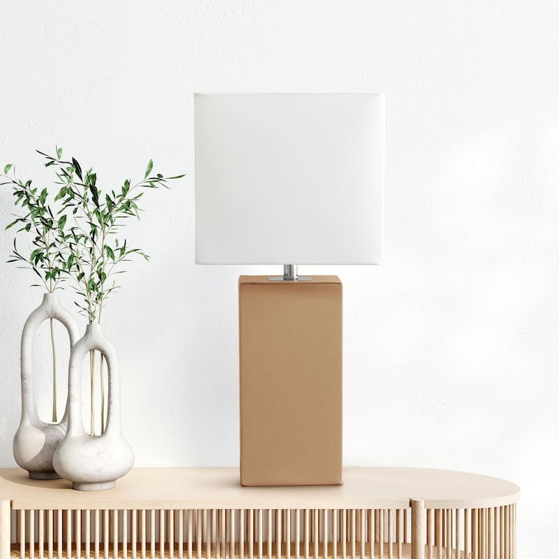Leather Table Lamp with White Fabric Shade