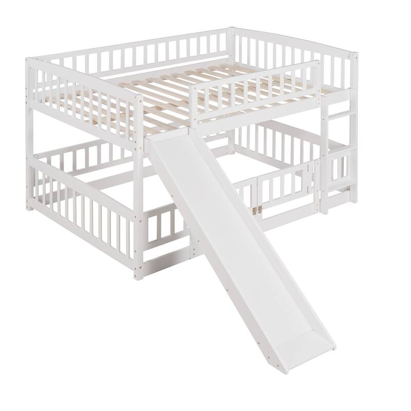 Full Over Full Bunk Bed with Slide, Ladder and Safety Fence for Kids and Teens - White