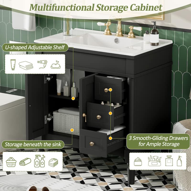 30" Bathroom Vanity with Ceramic Sink Bathroom Storage Cabinet with 3 Drawers and U-Shaped Adjustable Shelf