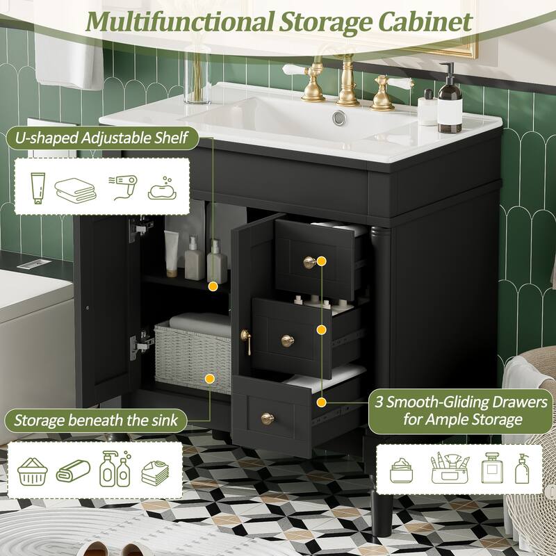 30" Elegant Bathroom Vanity Set with Ceramic Sink - Solid Wood & MDF, 2 Doors & 3 Drawers, Soft-Close, Adjustable Shelf