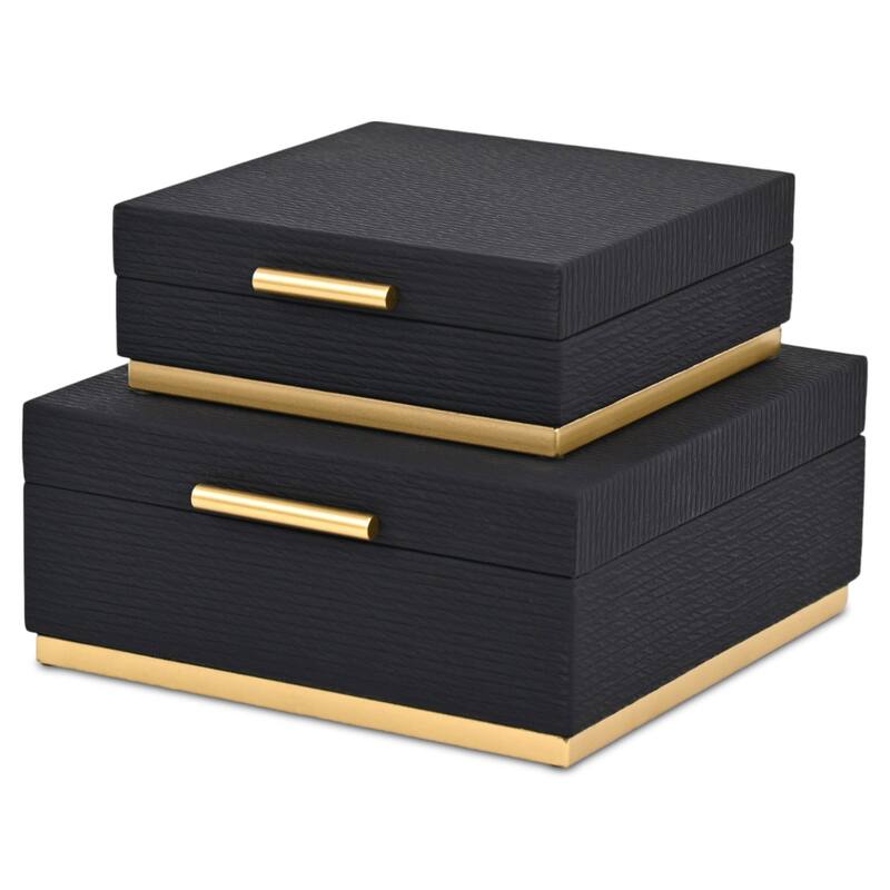 Eira Set of 2 Square Decorative Storage Boxes - Retro Stripe Pattern with Gold Hardware