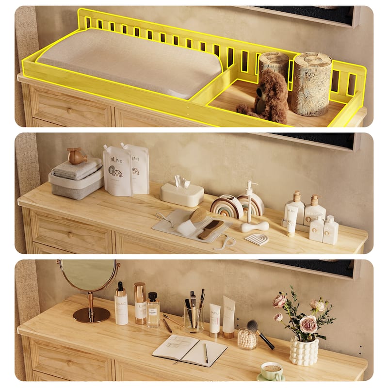 Extra Wide Solid Pine Wood 12-Drawer Changing Table Dresser – 59.9" Real Wood Nursery Dresser with Removable Topper