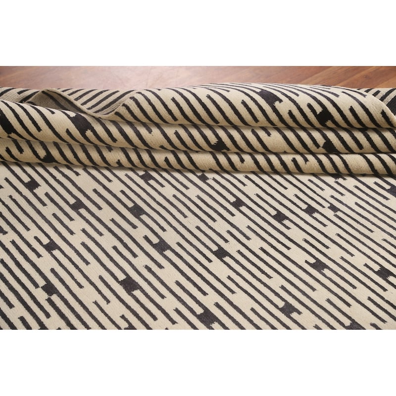 Striped Beige Nepalese Indian Area Rug Hand-Knotted Wool Carpet - 9'0" x 11'8"