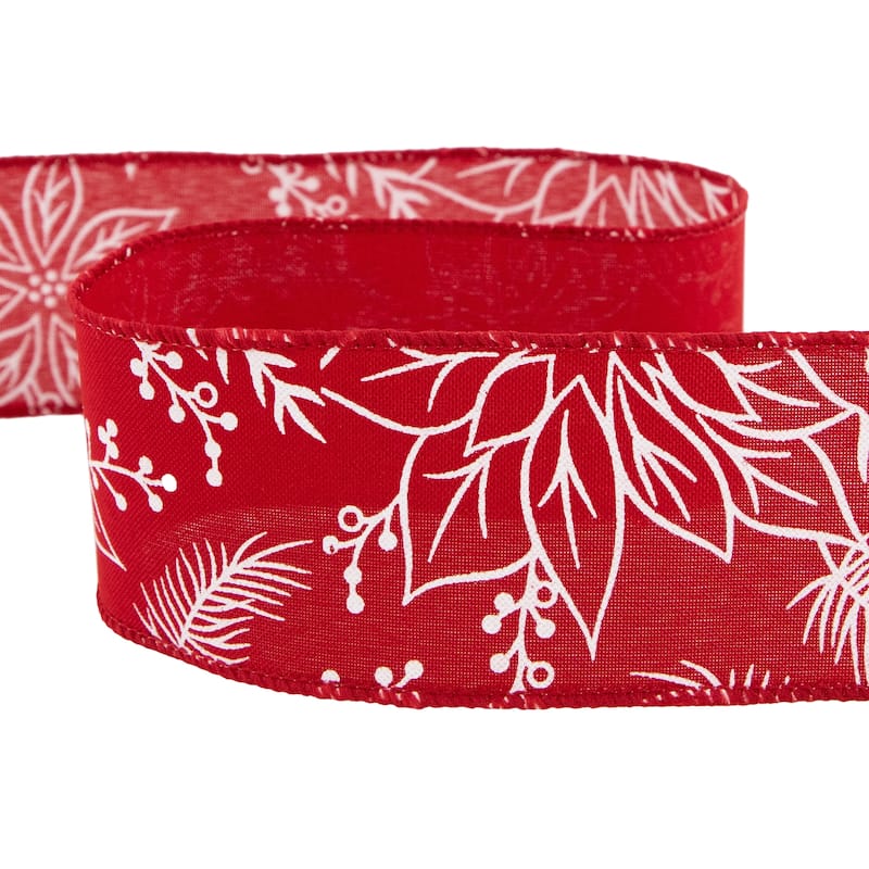 Red and White Floral Print Wired Craft Christmas Ribbon 2.5" x 10 Yards