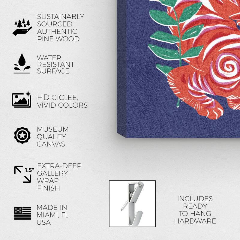Wynwood Studio Canvas Animals Foral Crimson Tiger Red and Dark Blue Modern & Contemporary Wall Art Canvas Print