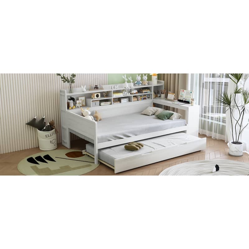 Space-Saving Twin/Full Size Daybed with Trundle and Study Desk, Wooden Platform Bed with Storage Shelves