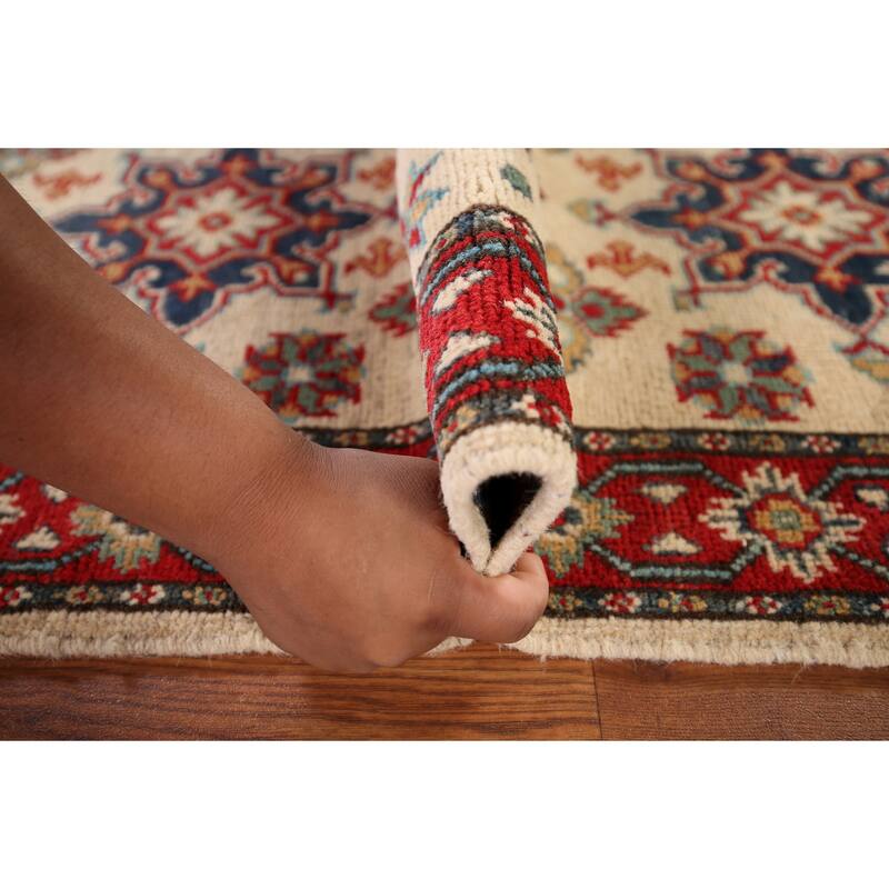 Geometric Kazak Runner Rug Hand-Knotted Beige Wool Carpet - 2'3" x 5'11"